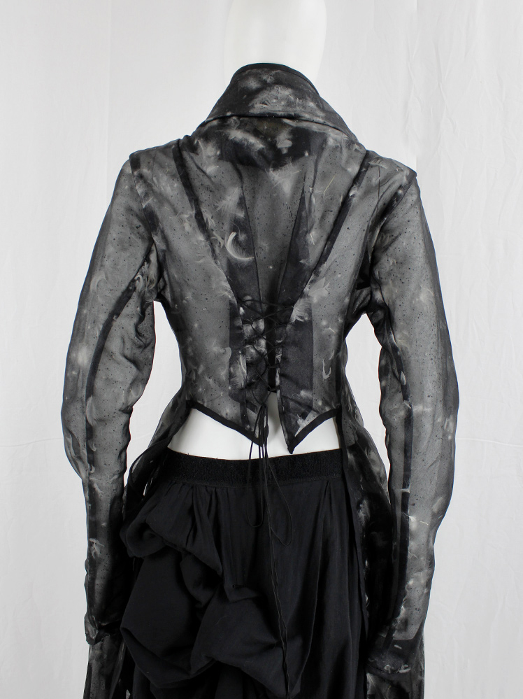 vintage Kaat Tilley black sheer coat lined with feathers and corset back (11)