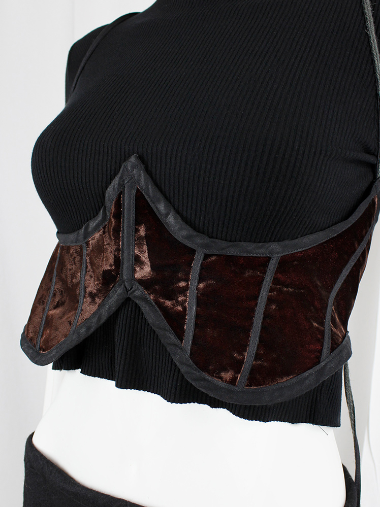 vintage Kaat Tilley burgundy velvet underbust corset with black boning and long back straps (1)