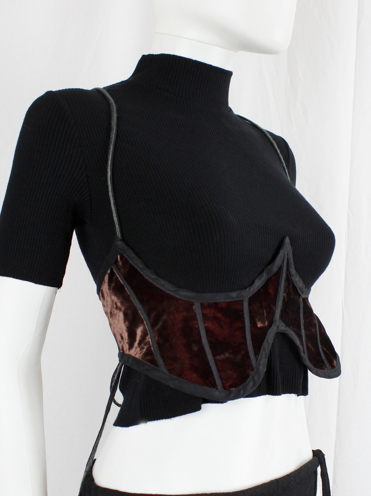 vintage Kaat Tilley burgundy velvet underbust corset with black boning and long back straps (2)