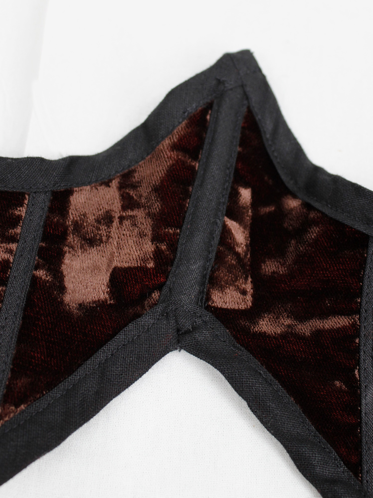 vintage Kaat Tilley burgundy velvet underbust corset with black boning and long back straps (21)