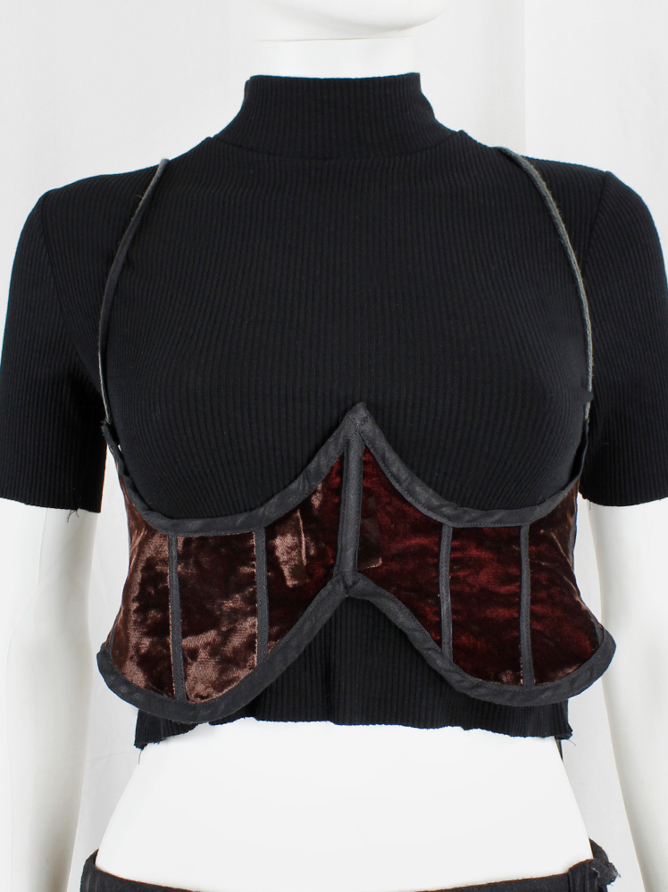vintage Kaat Tilley burgundy velvet underbust corset with black boning and long back straps (4)