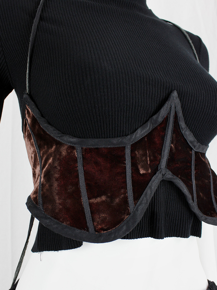 vintage Kaat Tilley burgundy velvet underbust corset with black boning and long back straps (5)