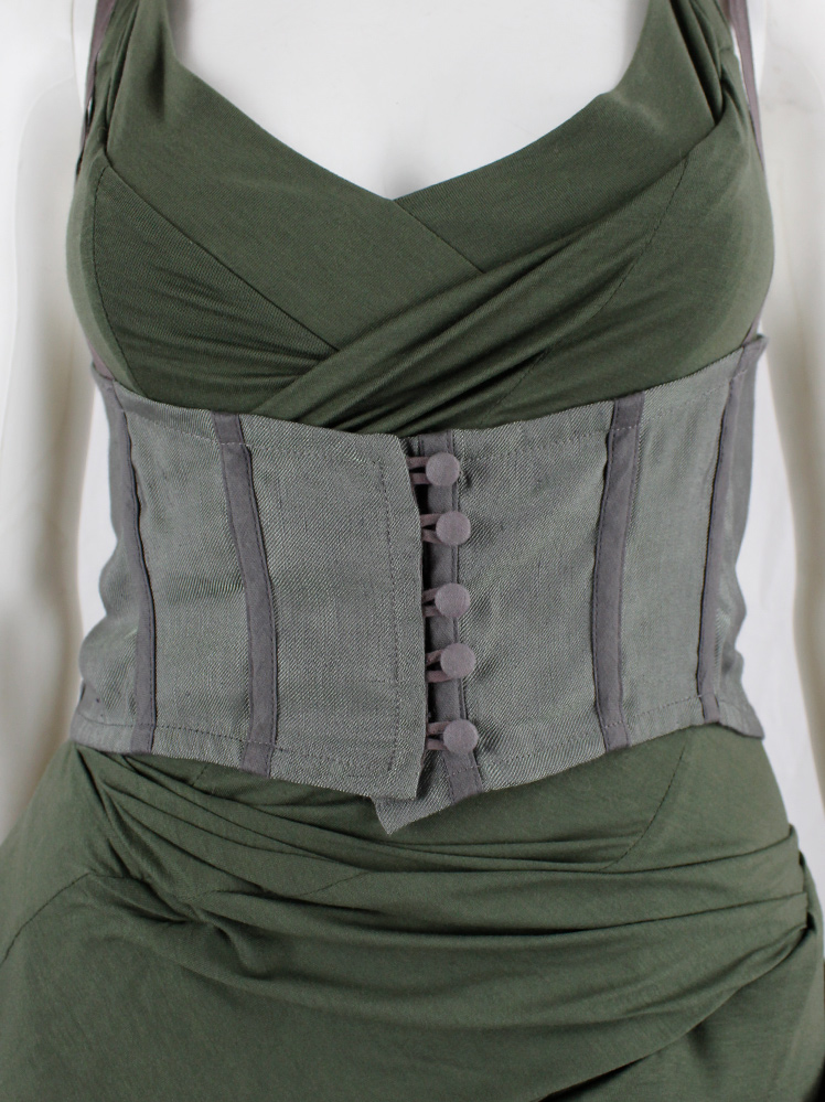 vintage Kaat Tilley green iridescent underbust corset with purple piping and buttons (1)