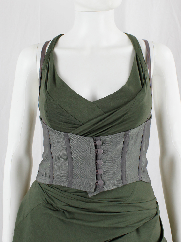 vintage Kaat Tilley green iridescent underbust corset with purple piping and buttons (16)