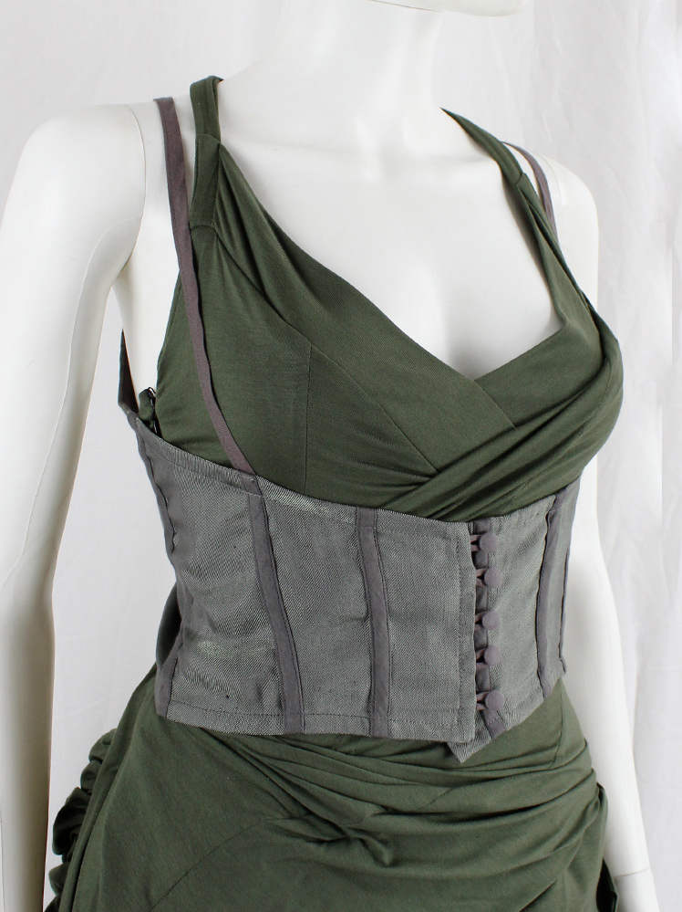 vintage Kaat Tilley green iridescent underbust corset with purple piping and buttons (3)