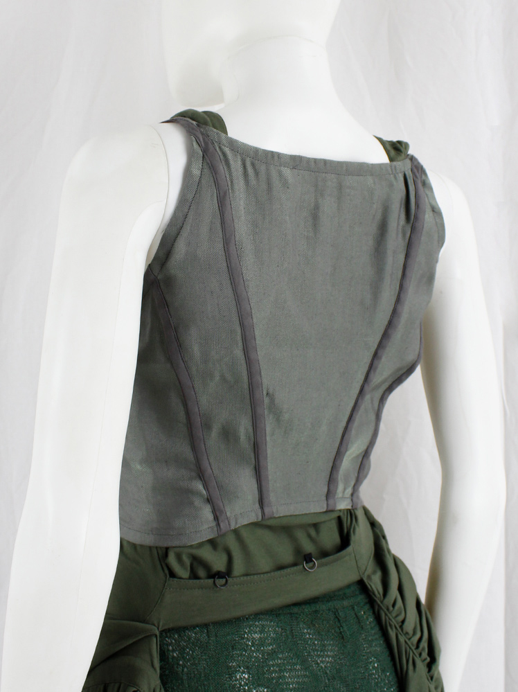 vintage Kaat Tilley green iridescent underbust corset with purple piping and buttons (8)