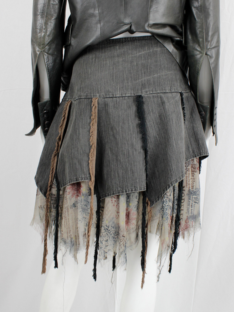 vintage Kaat Tilley grey denim panelled skirt with fringed piping and silk printed underlayers spring 2003 (13)