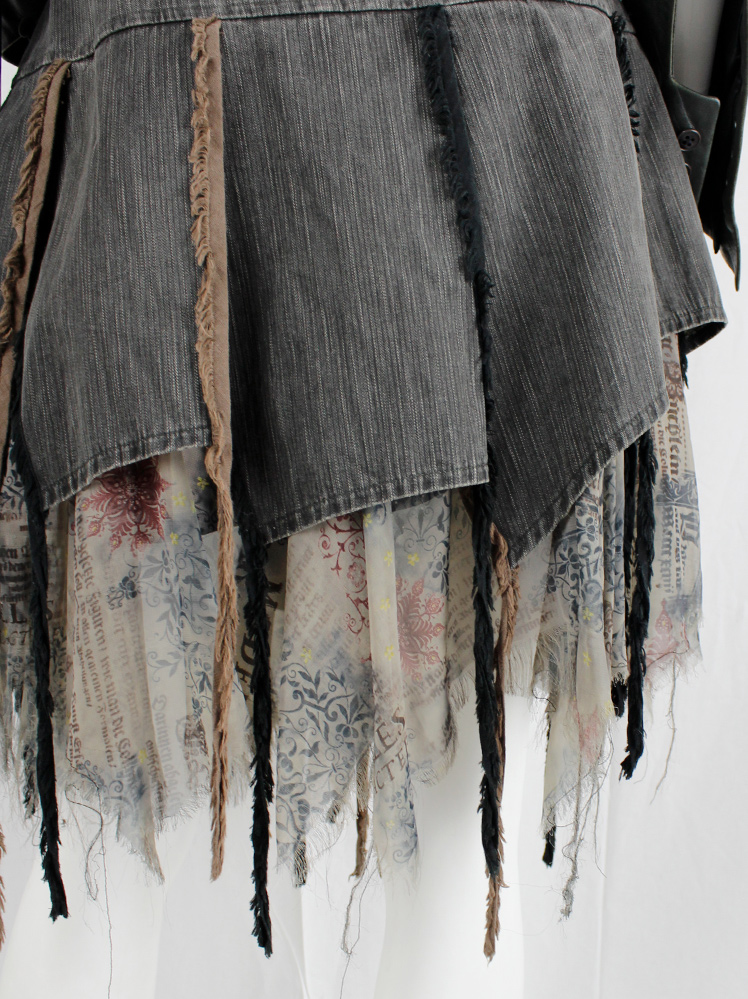 vintage Kaat Tilley grey denim panelled skirt with fringed piping and silk printed underlayers spring 2003 (14)