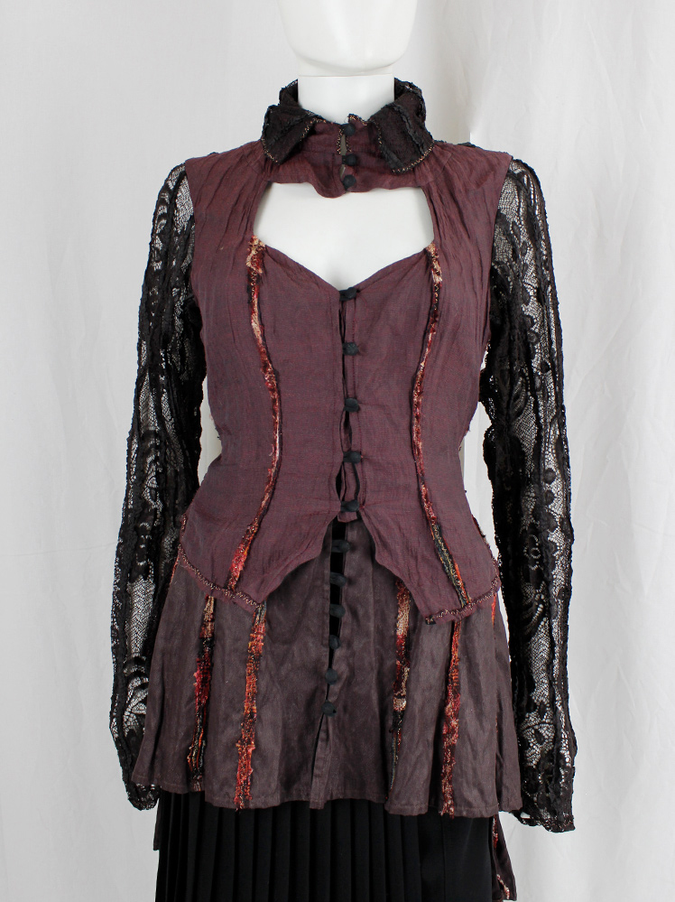 vintage Kaat Tilley plum cardigan with multicolour corset piping and sheer brown lace sleeves and back (1)
