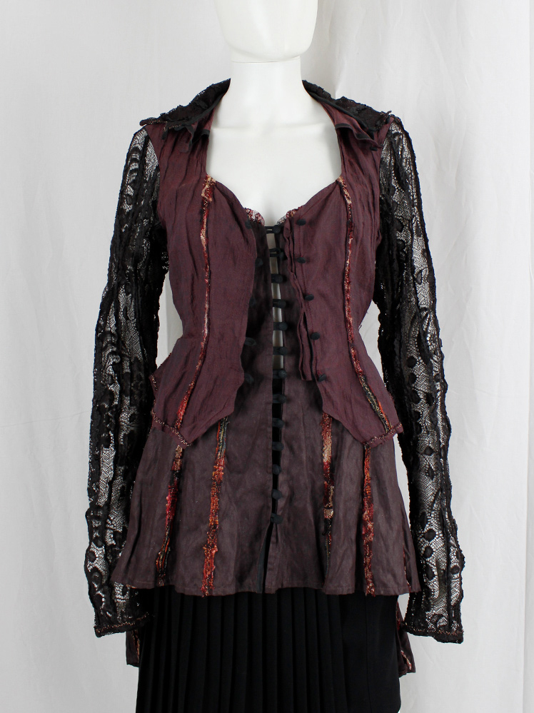 vintage Kaat Tilley plum cardigan with multicolour corset piping and sheer brown lace sleeves and back (19)