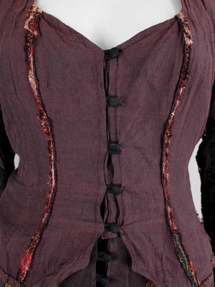 vintage Kaat Tilley plum cardigan with multicolour corset piping and sheer brown lace sleeves and back (4)