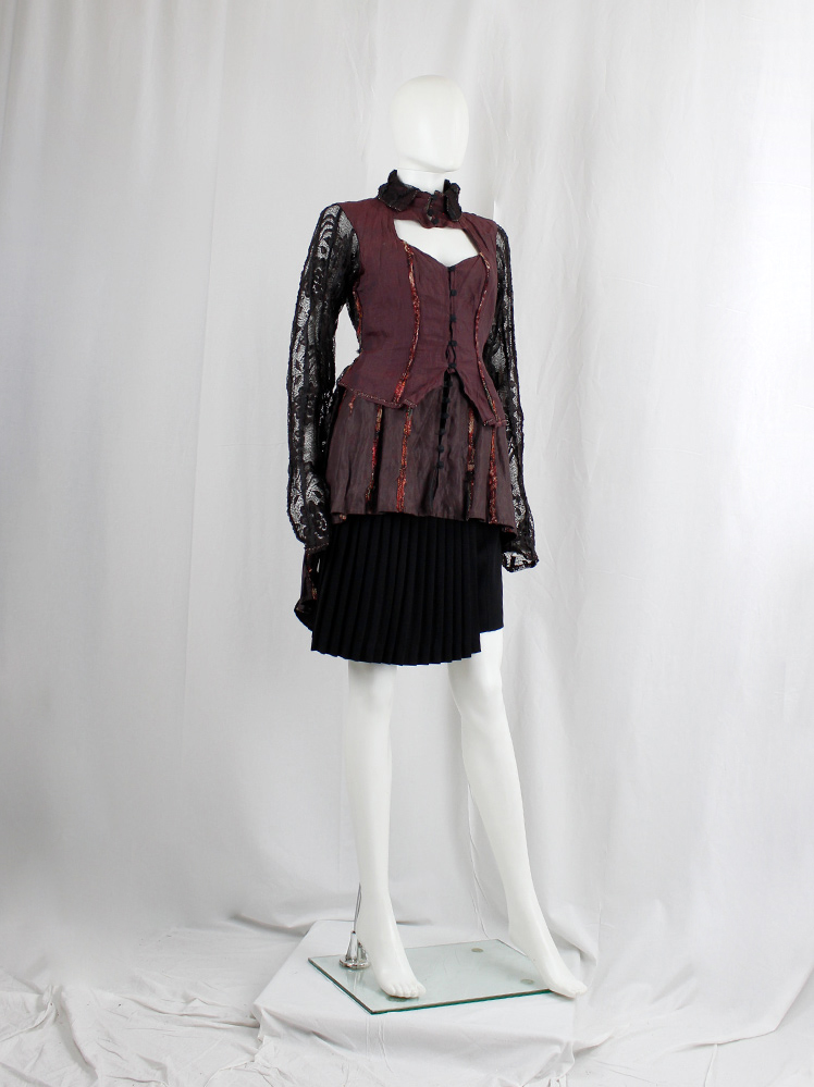 vintage Kaat Tilley plum cardigan with multicolour corset piping and sheer brown lace sleeves and back (8)
