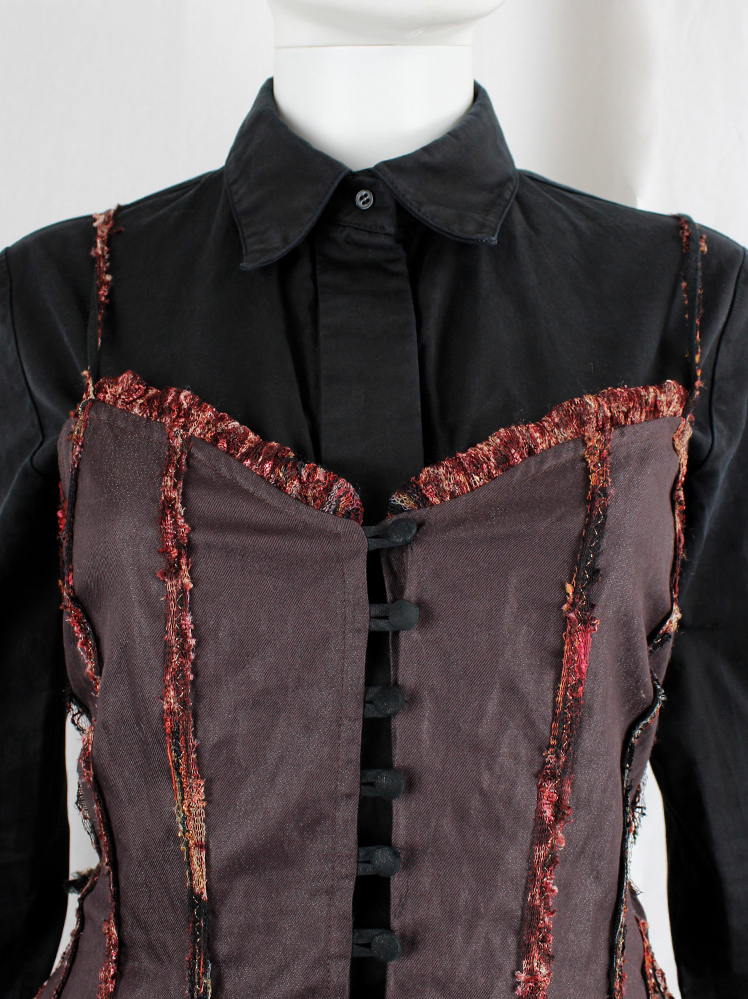 vintage Kaat Tilley plum corset-style top with multicolour piping and black sheer and satin back (2)