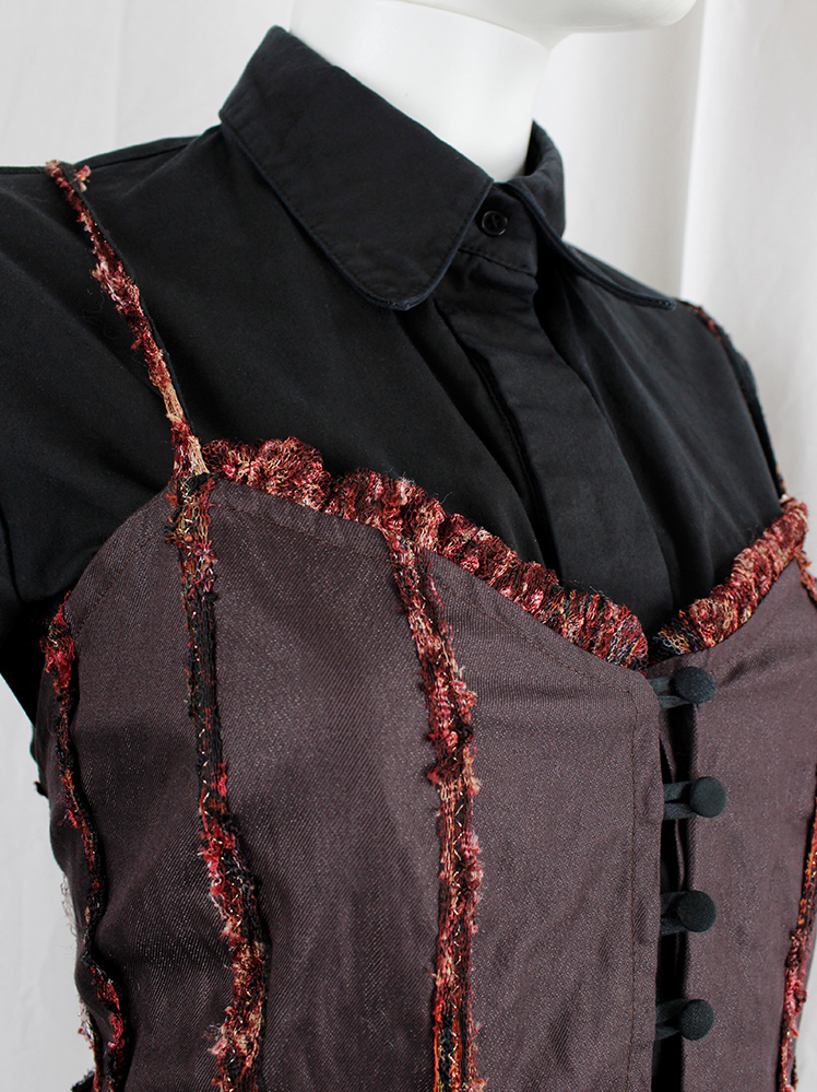 vintage Kaat Tilley plum corset-style top with multicolour piping and black sheer and satin back (5)
