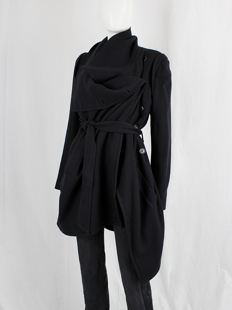 vintage Ann Demeulemeester black coat with large standing neckline and asymmetric button closure fall 2010 (15)