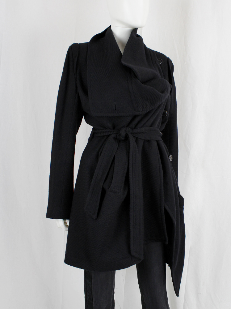 vintage Ann Demeulemeester black coat with large standing neckline and asymmetric button closure fall 2010 (17)