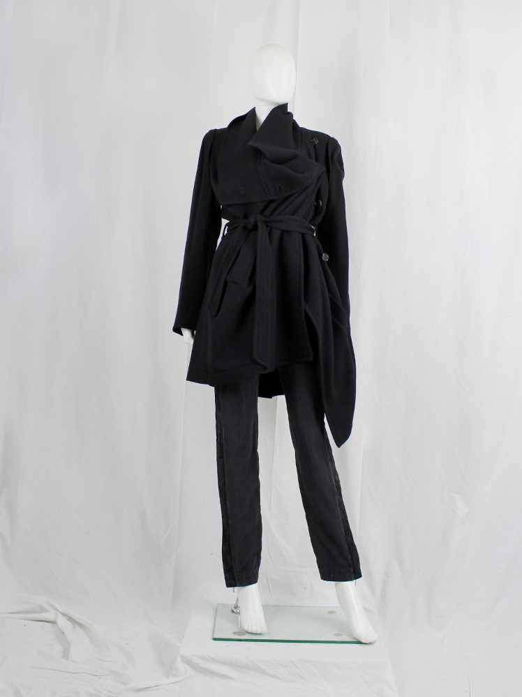 vintage Ann Demeulemeester black coat with large standing neckline and asymmetric button closure fall 2010 (18)