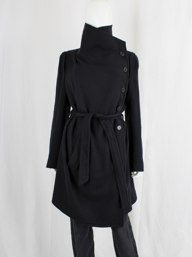 vintage Ann Demeulemeester black coat with large standing neckline and asymmetric button closure fall 2010 (2)