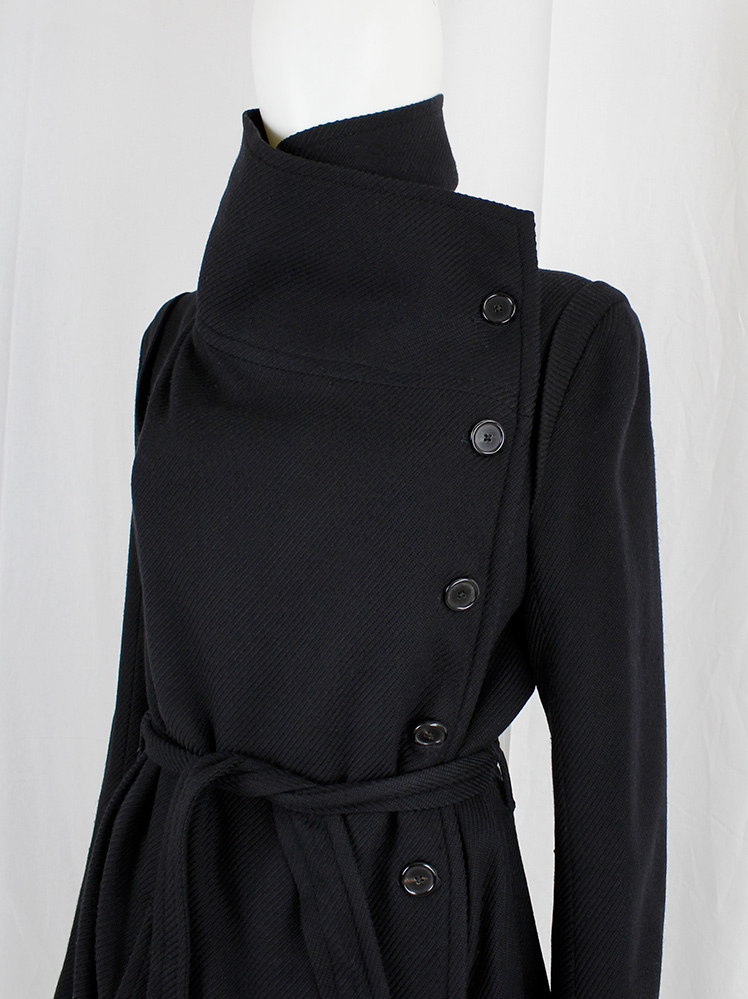 vintage Ann Demeulemeester black coat with large standing neckline and asymmetric button closure fall 2010 (4)