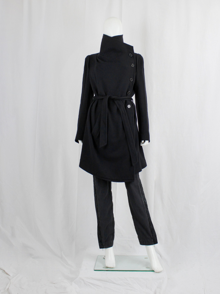vintage Ann Demeulemeester black coat with large standing neckline and asymmetric button closure fall 2010 (6)
