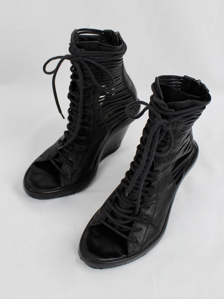 vintage Ann Demeulemeester black front laced sandals with strapped open sides and wedge heel spring 2012 (1)