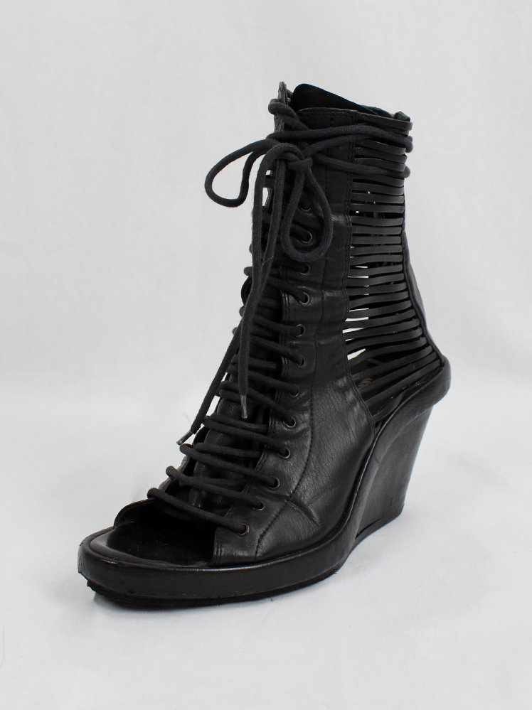 vintage Ann Demeulemeester black front laced sandals with strapped open sides and wedge heel spring 2012 (10)