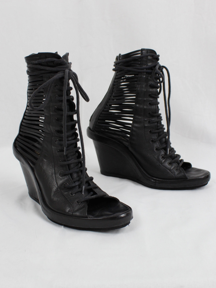 vintage Ann Demeulemeester black front laced sandals with strapped open sides and wedge heel spring 2012 (8)